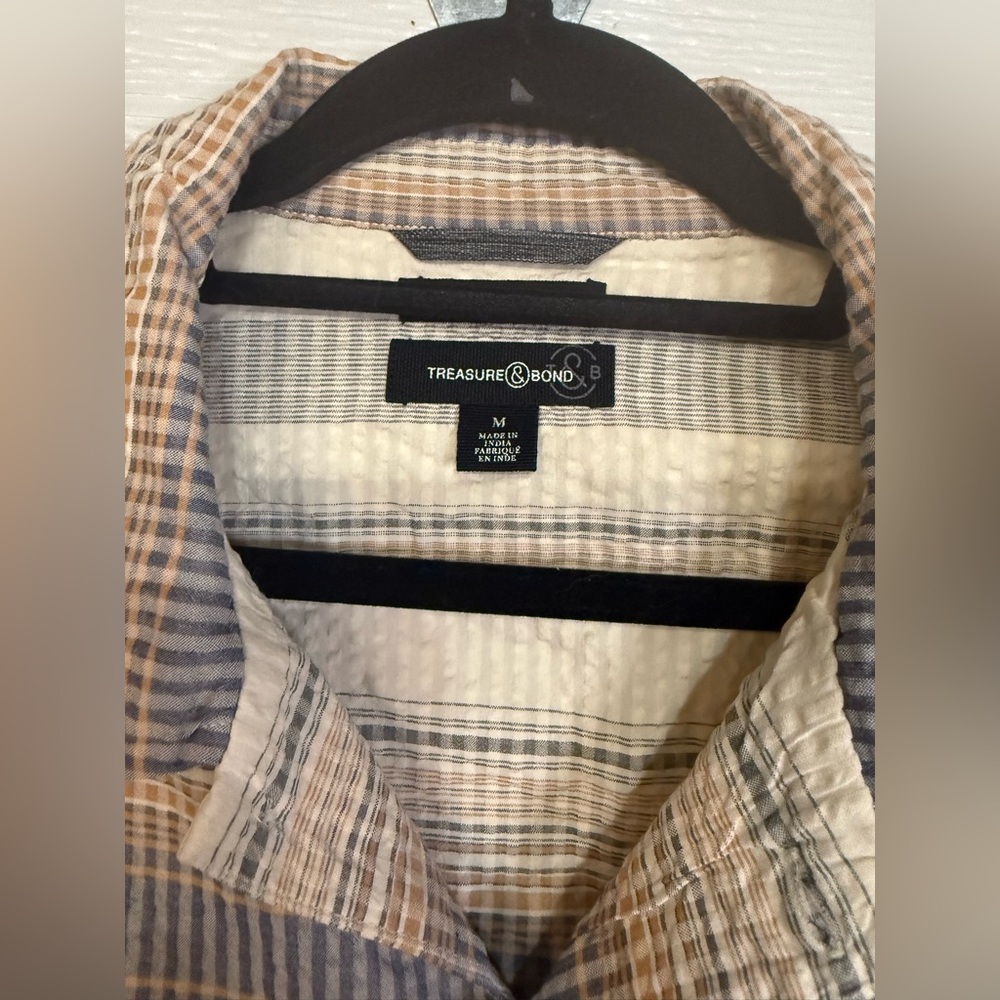 TREASURE & BOND STRIPE SEERSUCKER SHORT SLEEVE BUTTON UP SHIRT MEDIUM - Picture 3 of 4